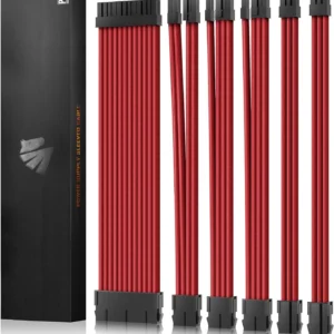 AsiaHorse 18AWG Red Sleeved PSU Extension Cable Kit – 6 Pack, 300mm, PET Braided, Phosphor Copper Terminals, Durable & Flexible Cable Management Solution