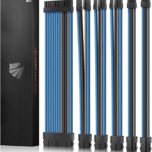 AsiaHorse 18AWG Blue-Grey-Black Sleeved PSU Extension Cable Kit – 6 Pack, 300mm, PET Braided, Phosphor Copper Terminals, Durable & Flexible Cable Management Solution