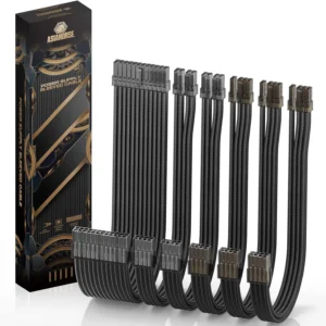 Asiahorse 16AWG Transparent Sleeved PSU Extension Cable Kit – 6-Pack, 300mm, PET Braided, Gold-Plated Terminals, Soft Material, Dual CPU Support, Black