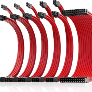 AsiaHorse 16AWG 6KIT DOUBLE Red Sleeved PSU Cable Extension Kit – 24-Pin ATX, Dual 4+4 CPU EPS, 3x PCI-E 6+2, Gold-Plated Terminals, 300mm, High-Density PET Braided