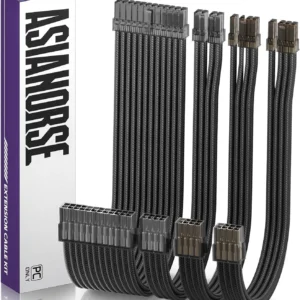 ASIAHORSE Transparent Sleeved PSU Extension Cable 4 Kit – 16AWG UL1007 Wires, 24-Pin ATX, PCIe 6+2, CPU 4+4, PET Braided, 30cm Length, Gold-Plated Terminals – Black