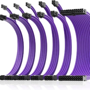 AsiaHorse 16AWG 6KIT DOUBLE Purple Sleeved PSU Cable Extension Kit – 24-Pin ATX, Dual 4+4 CPU EPS, 3x PCI-E 6+2, Gold-Plated Terminals, 300mm, High-Density PET Braided
