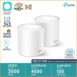 TP-Link Deco X50 AX3000 Dual-Band Mesh WiFi 6 System – 2-Pack, 4,500 sq.ft Coverage, AI-Driven Mesh, 2402 Mbps 5GHz, 574 Mbps 2.4GHz, 150+ Device Support, App & Alexa Control