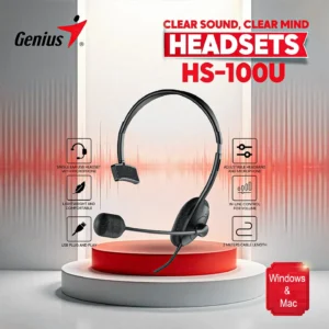 Genius HS-100U Single Ear USB Headset, Lightweight, Adjustable Headband, In-Line Volume Control, 2m Cable, Plug-and-Play, Compatible with Windows & Mac, 110 ± 3dB Sensitivity, Black