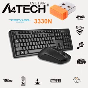 A4TECH 3330N Wireless Keyboard & Mouse Combo ;  2.4GHz Wireless Connectivity with 10-15m Range 1200 DPI  – 16 Mouse Gestures – 12 Multimedia Hotkeys  –  Long lasting Battery | BLACK