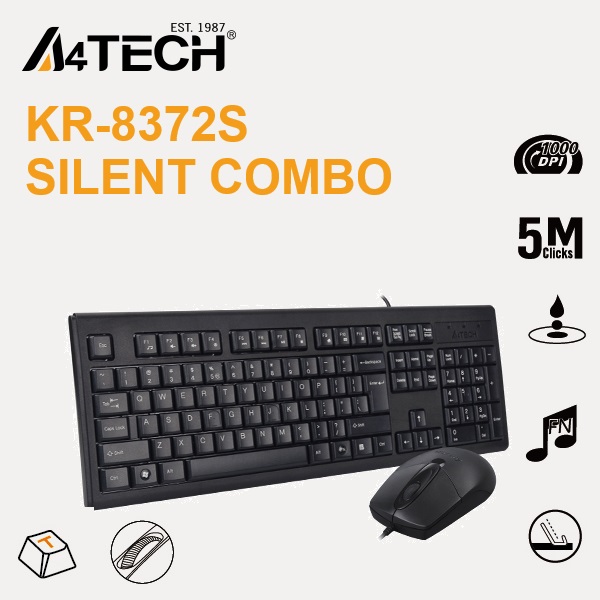 A4Tech Silent Wired Keyboard & Mouse Combo ; 12 Multimedia FN Hot Keys , Optical Sensor 1000DPI ; USB Wired Connectivity 150 cm Cable ; 8 Gestures Hotkey Commands ; Drain Holes | BLACK KR-8372S