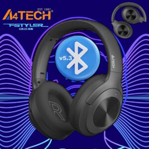A4Tech BH220 Bluetooth v5.3 Wireless Headset – Up to 10m Range – Soft Mesh Fabric Padded Headband –  Lightweight Ear Pads – USB Type C Rechargeable – 3 Ways Folding – Extended Play Time with 400mAh Battery – Black 