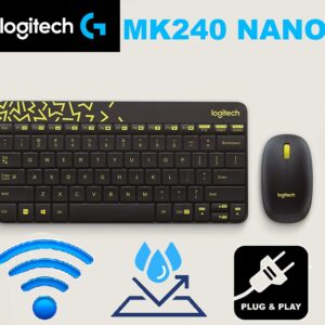 Logitech MK240 Nano Wireless USB Keyboard and Mouse Combo , 12 Function Keys 2.4GHz Wireless, 1000DPI, Spill-Resistant Design, Windows® ChromeOS Linux , Black/ English & Arabic