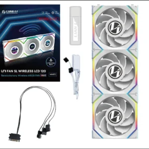 Lian Li UNI Fan SL LCD Wireless (Reverse Blade) 120mm ARGB Fan – Triple Pack – 1.6″ LCD Display – 2.4 GHz Wireless Signal for RGB & Fan Control – Controller Included & Required – White (12RSLLCD1W3B)