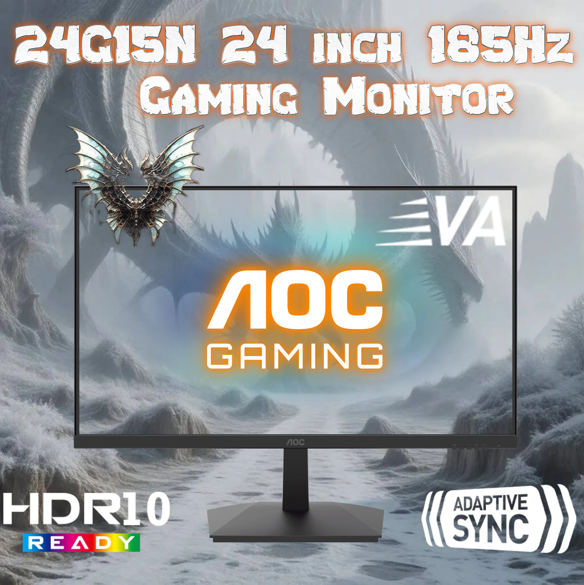 AOC 24G15 Gaming Monitor 24 inch FHD (1920X1080) 185Hz 1ms , 3-Sided Frameless VA panel , Adaptive-Sync , HDR10 Ready , 116% sRGB Wide Color Gamut – BLACK