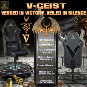 APEX SEAT “V-Geist ” Ergonomic Gaming Chair With 3D Armrests, PVC Leather & Velvet Fabric ,Frosted Metal Base, Class 4 Gaslift, PU Casters, Thick Cushion & Reclining Swivel Design , 200Kgs Weight Threshold .  Headrest & Lumbar Pillow Included  | BLACK WITH GOLD EMBROIDERY