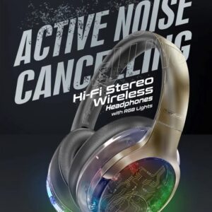 Promate WIRERLESS HEADPHONES RGB TRANSPARENT RAINBOW LED BACKLIT TRANSUNE Active Noise Cancelling , Hi-Fi STEREO , FLIP & FOLD – GUNMETAL