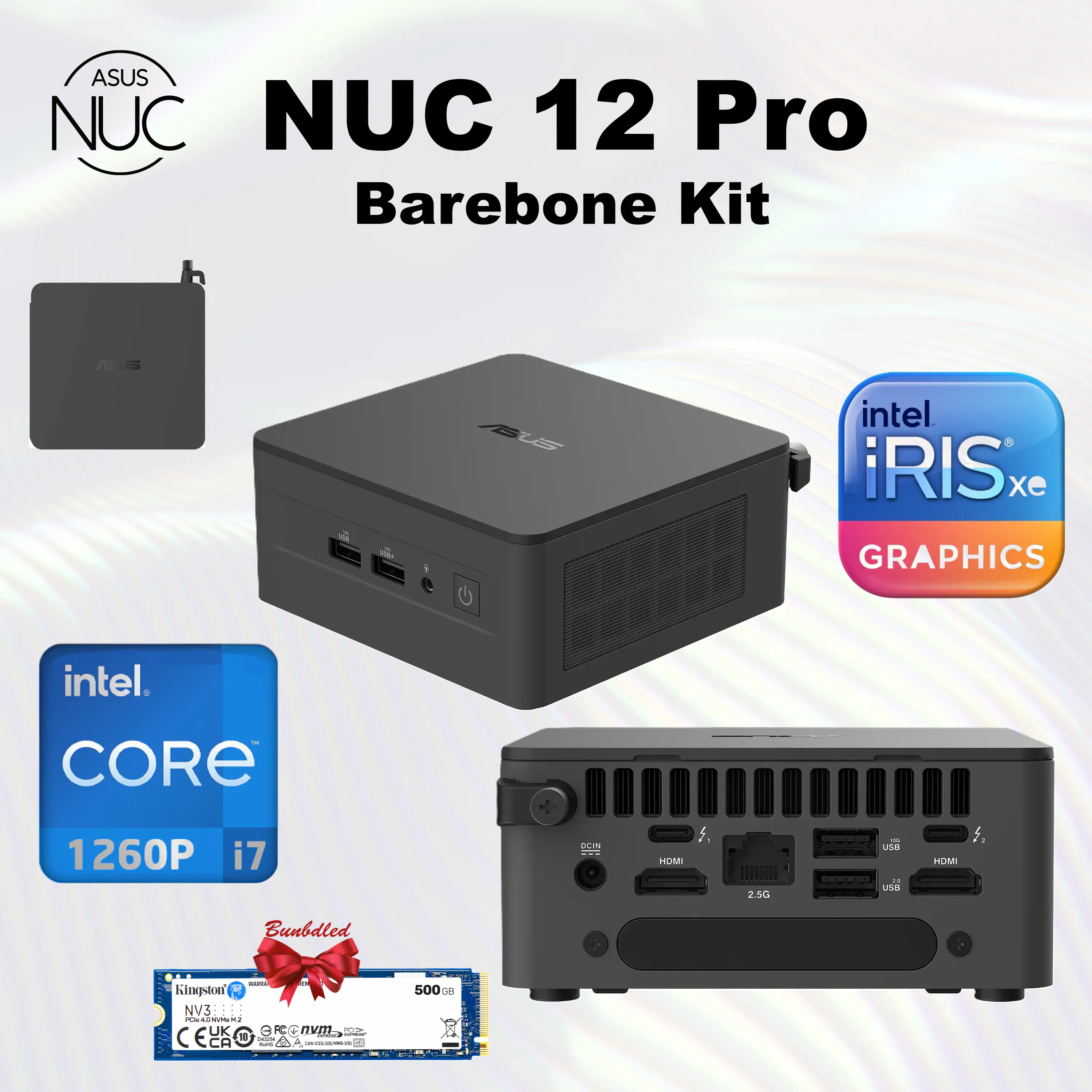 ASUS NUC 12 Pro RNUC12WSHI700002I Tall Barebone Kit, Intel Core i7-1260P, Up to 2x SODIMM Slot, M.2 22×80, NVMe 22×42 & 2.5″ SATA Storage Slot, Intel Iris Xe Graphics, Bundled with Kingston SNV3s/500G PCIe4 M.2 500GB NVMe | 90AR00E1-M000J0