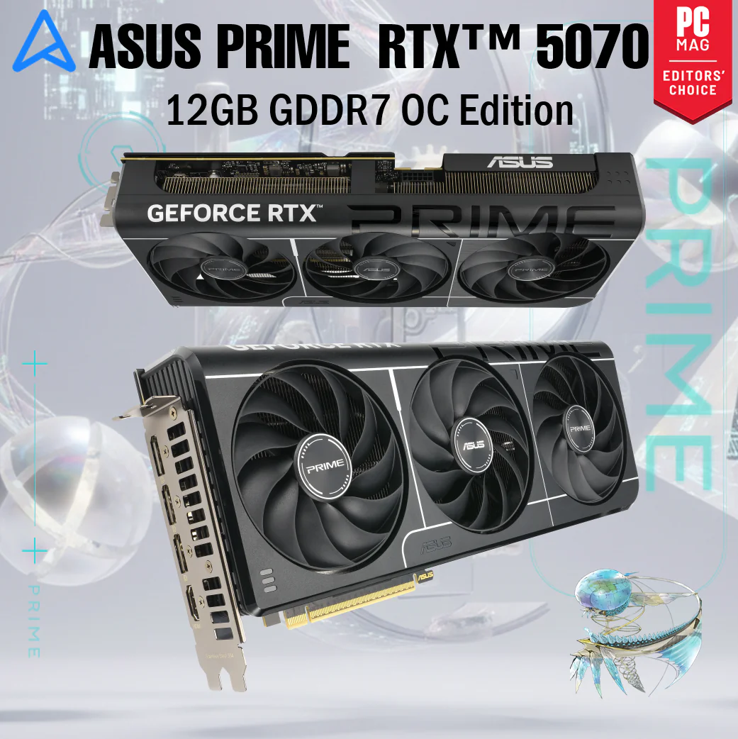 ASUS Prime GeForce RTX 5070 12GB GDDR7 OC Edition With Triple Axial-Tech Fans – AI-Driven Power 988 TOPs , 2587MHz OC Mode , 6144 CUDA Cores, 2.5-Slot SFF Design, Dual BIOS, DLSS 4, Reflex 2, Blackwell Architecture