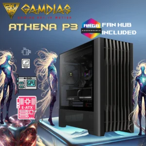 Gamdias Athena P3 Mid Tower Case With Bar-Patterned Mesh Front Panel, 4x140mm PWM Fans, Type-C Gen 2 Port, E-ATX Support, 430mm GPU Clearance, Hidden Connector Motherboard Ready , 8-port PWM ARGB Controller Included | Black 