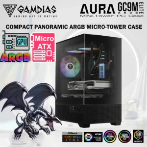 Gamdias AURA GC9M Elite ARGB Compact Micro-Tower Case With Panoramic Tempered Glass, 3 Built-In 120mm ARGB Fans, Tool-Free Installation, PSU Chamber, And Mini-ITX / Micro-ATX Support | BLACK 
