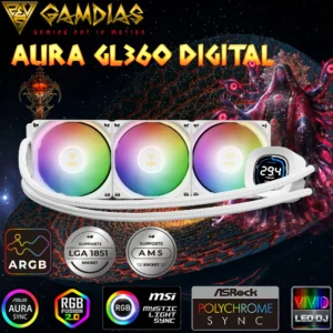 GAMDIAS AURA GL360 Digital WH Liquid Cooler With 2.1” Real-Time Display, ARGB PWM Fans, Copper Base, 73.7 CFM Airflow, 396mm Radiator, AM5 & LGA 1851 Support, Zeus Cast Software | WHITE 