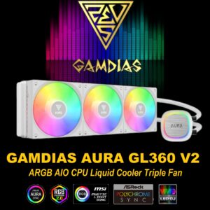 GAMDIAS AURA GL360 V2 Liquid CPU Cooler, 120mm, Triple Fan, White ARGB AIO, Mirror Style  Rotatable Pump, LGA 1700/AM5 Ready, Built-in Lighting Effects, Hidden Cable Management | WHITE  AURA-GL360-V2-W