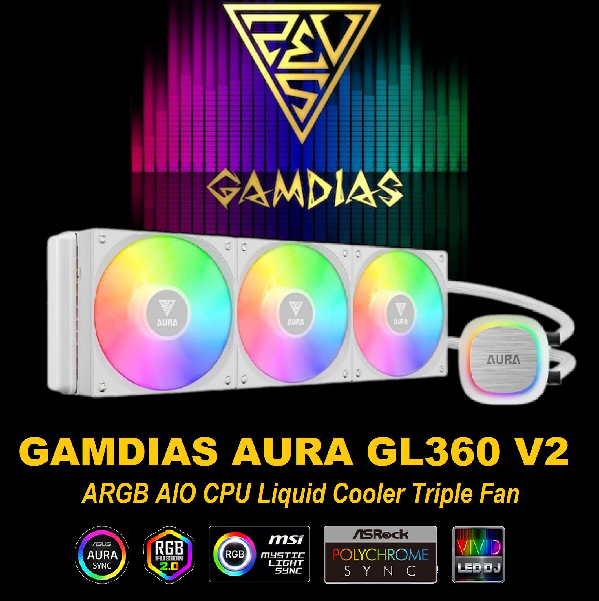 GAMDIAS AURA GL360 V2 Liquid CPU Cooler, 120mm, Triple Fan, White ARGB AIO, Mirror Style Rotatable Pump, LGA 1700/AM5 Ready, Built-in Lighting Effects, Hidden Cable Management | WHITE AURA-GL360-V2-W