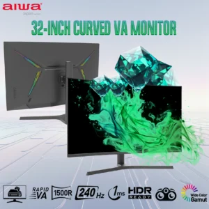 Aiwa 32-Inch Curved VA Monitor, FHD 1920×1080, 240Hz Refresh Rate, 1ms Response, HDR Ready, Flicker-Free Eye-Care, HDMI/DP/USB-A/Audio, Ultra-Narrow Frame, Black | MD320G-Y 