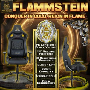 Apex Seat “FlammStein” Artisan-Crafted Gaming Chair Gaming Chair With PU, PVC  Leather & Velvet Blend, 3D Armrests, 80mm Class-4 Gas Lift, 90–155° Recline, 500lbs Capacity | Gold Embroidered Black Throne