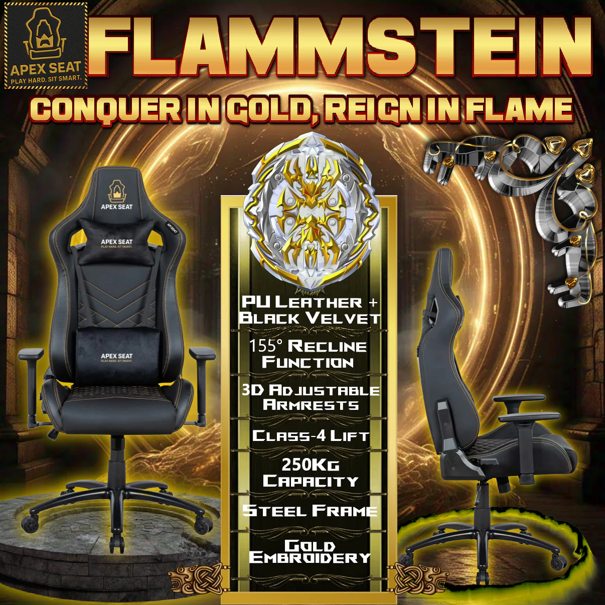 Apex Seat “FlammStein” Artisan-Crafted Gaming Chair Gaming Chair With PU, PVC Leather & Velvet Blend, 3D Armrests, 80mm Class-4 Gas Lift, 90–155° Recline, 500lbs Capacity | Gold Embroidered Black Throne