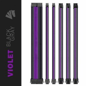 AsiaHorse 18AWG Purple-Grey-Black Sleeved PSU Extension Cable Kit – 6 Pack, 300mm, PET Braided, Phosphor Copper Terminals, Durable & Flexible Cable Management Solution