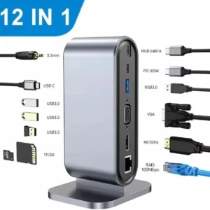 12-in-1 USB-C Docking Station with 4K HDMI, 100W PD, Ethernet, VGA, USB 3.0, Audio, SD/TF Card Reader, Compatible with Laptops & Desktops