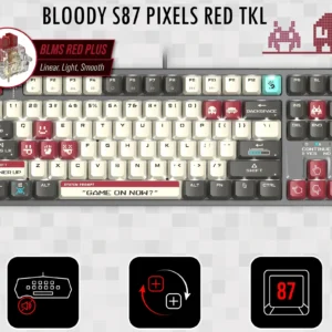 BLOODY S87 PIXELS RED TKL Gaming Keyboard – 87 Keys, RGB, Red BLMS Switch, Hot-Swappable, White Backlit, 4M Onboard Memory, PBT Keycaps, N-Key Rollover, Wired USB
