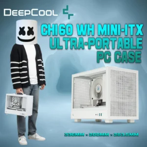 DeepCool CH160 WH Mini-ITX Case with Tempered Glass ; Ultra-Portable High-Airflow Design ; Supports 172mm CPU Coolers ; 3-Slot GPU ; ATX/SFX PSU Compatible ; Type-C & Carry Handle | WHITE