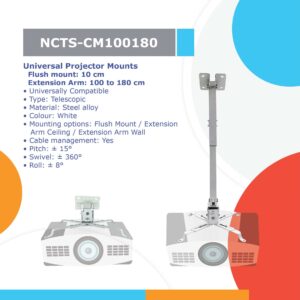 NCTS-CM100180 Universal Projector Mount: Telescopic Steel Alloy Bracket, White, Adjustable Height 100-180 cm, Full-Motion Design ±15° Pitch, ±360° Swivel, ±8° Roll, Universally Compatible
