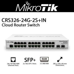 MikroTik CRS326-24G-2S+IN Cloud Smart Switch – 24x Gigabit LAN, 2x 10G SFP+ Cages, 512MB RAM, Dual Boot (RouterOS / SwOS), Fanless Silent Design, Advanced Managed Functions