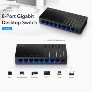 CUDY GS108D Gigabit RJ45 8-Port Desktop Switch ; 10/100/1000 Mbps Non-blocking Ethernet Ports ; 170 meters of Gigabit Transmission ; A Plug and Play Network Hub ; Wall Mounting | BLACK | NO WARRANTY