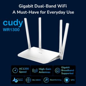 CUDY WR1300 3.0 AC1200 Gigabit Mesh Wi-Fi Router ;  4-Stream Dual-Band Wi-Fi ;  867 Mbps + 300 Mbps Wi-Fi ;  5× Gigabit Ethernet Ports ;  4× High-Gain Antennas ;  50 Connected Devices ;  Covers 100m² ; Cudy Mesh, VPN Server and Client ; Cudy App, Cloud Control | NO WARRANTY