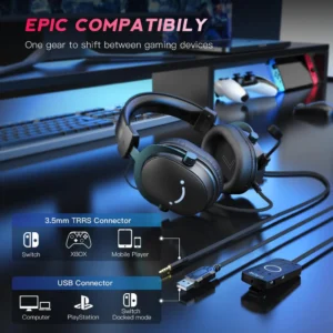 FIFINE AmpliGame H9 Gaming Headset Black – 7.1 Surround Sound, 3.5mm + USB Dual Connectors, Detachable Mic, Noise Canceling, Over-Ear Comfort, PC/PS5/Xbox/Switch