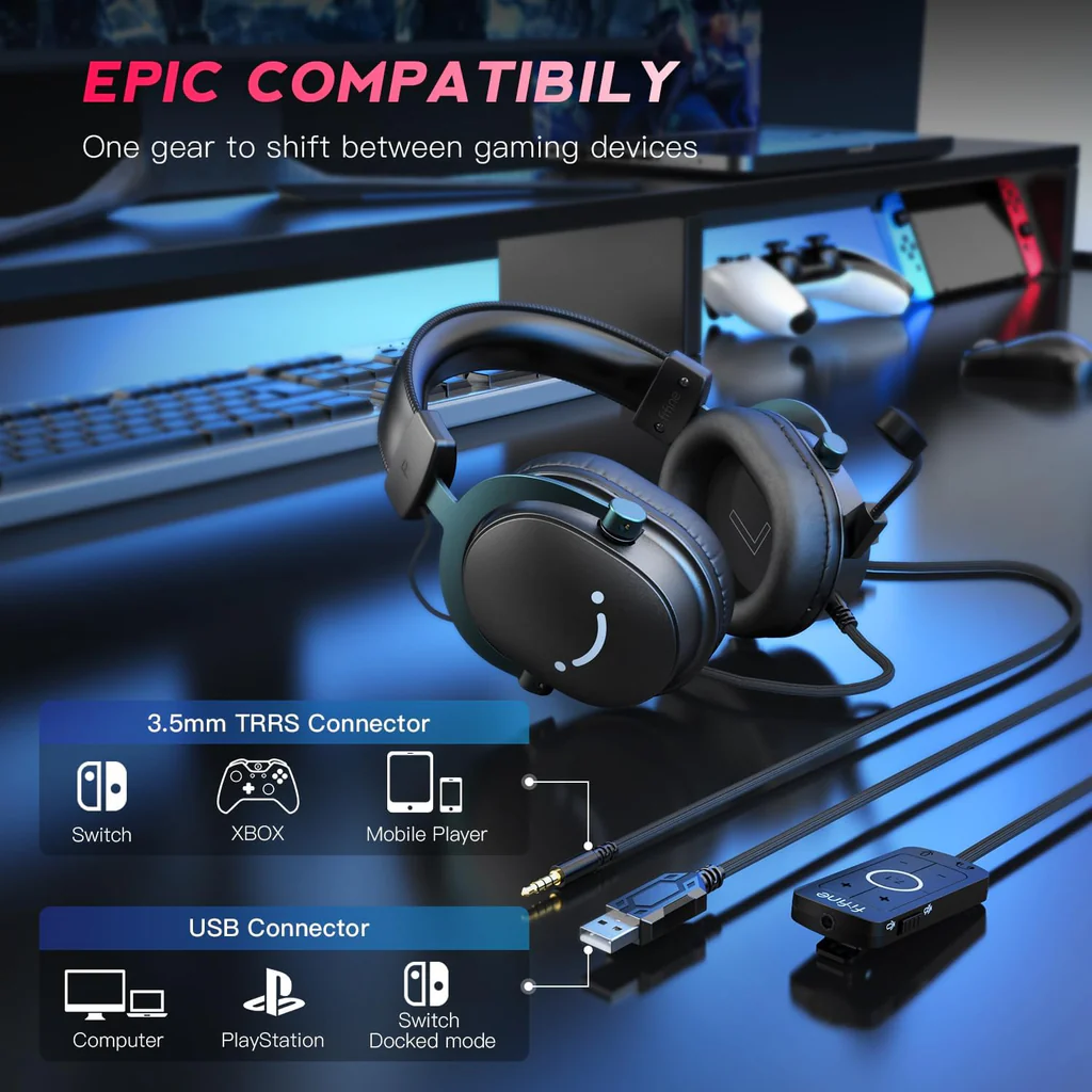 FIFINE AmpliGame H9 Gaming Headset Black – 7.1 Surround Sound, 3.5mm + USB Dual Connectors, Detachable Mic, Noise Canceling, Over-Ear Comfort, PC/PS5/Xbox/Switch