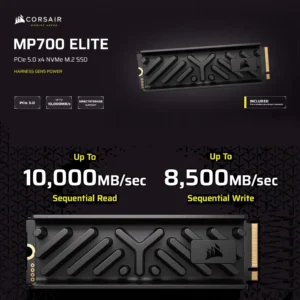 Corsair MP700 Elite 2TB PCIe 5.0 x4 NVMe M.2 SSD – Included Aluminum Heatsink – Up to 10,000MB/sec – High-Density 3D TLC NAND – M.2 2280 – DirectStorage Compatible | Black CSSD-F2000GBMP700EHS