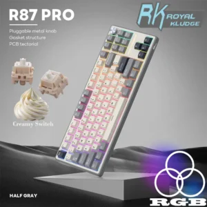 RK ROYAL KLUDGE R87 Pro Wired Gaming Keyboard Gasket Mechanical Keyboard RGB Hot Swappable Knob Backlit Gaming Keyboard 88 Keys TKL Gasket Mounted Custom Keyboard with QMK/VIA (Smooth & Linear) Cream Switch | Half Grey