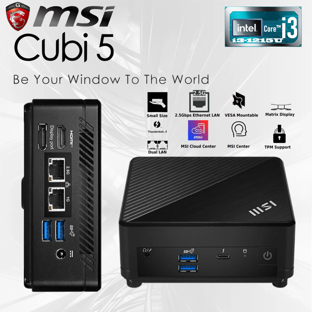 MSI Cubi 5 Mini PC With Intel® Core™ i3-1215U, Thunderbolt 4, Dual Display Support, WiFi 6E, Bluetooth 5.2, USB 3.2 Gen 2, TPM, VESA Mount, And Ultra-Compact Design | BLACK ~ 1 YEAR WARRANTY