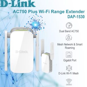 D-Link DAP-1530 Dual Band AC750 Plus Wi-Fi Range Extender ; Mesh Network & Smart Roaming ; WPA3™ 128-bit Encryption Wireless Security ; Signal Strength LED Indicator