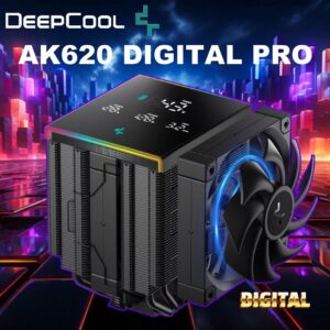 DEEPCOOL AK620 DIGITAL PRO CPU ARGB Air Cooler : Temperature Alerts Digital Display ; ARGB Strips ; 60.89 CFM up to 1750 RPM ; 120mm Silent PWM Fan ; 6 Advanced Copper Heat Pipes ; Dual-tower Heatsink | BLACK