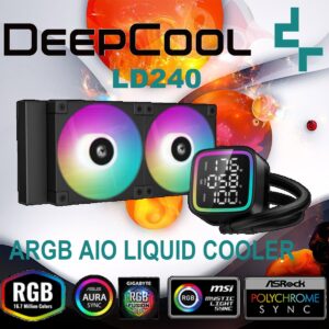 DeepCool LD240 ARGB AIO LIQUID COOLER : Large Display with ARGB Halos for CPU Status , 2x ARGB PWM Fans , 5th Generation High-Performance Pump up to 3400 RPM , Pre-applied Thermal Paste | BLACK