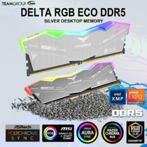 TEAMGROUP T-FORCE DELTA RGB ECO DDR5 32GB Kit (2x16GB) 6400MHz CL38 Silver 1.35V PC5-51200 | Eco-Friendly Overclocking Memory | RGB Lighting | Intel XMP 3.0 & AMD EXPO | SILVER ~ FF2D532G6400HC38JDC01v