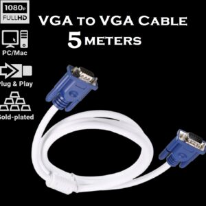 DELUXE VGA to VGA cable, 5m , High-purity Copper Conductors (Full HD, VGA to VGA monitor cable & VGA lead, connects computers to screens/projectors, 15-pin D-Sub) – Blue & White