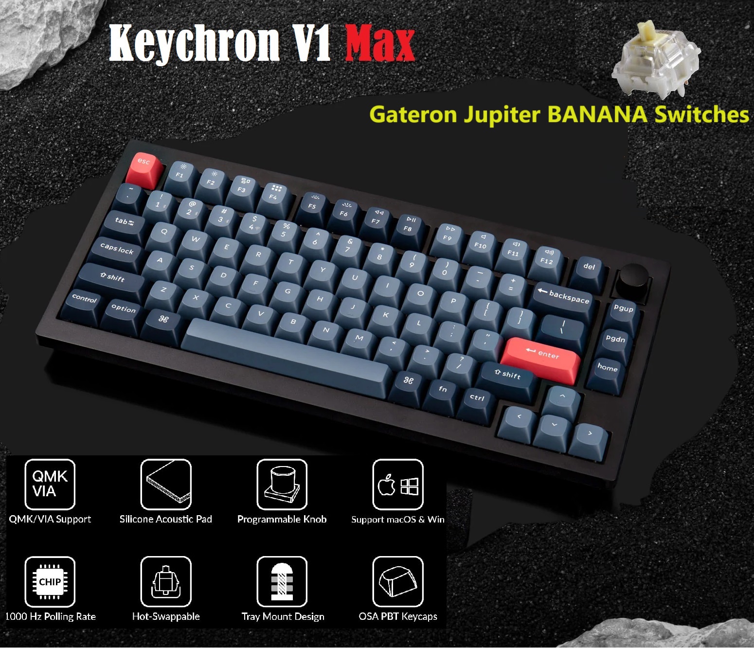 Keychron V1 Max Wireless Custom Mechanical Keyboard | Fully Assembled Knob |2.4 GHz wireless and Bluetooth 5.1 connectivity | compact 75% layout | gasket mount |double-shot PBT keycaps Gateron Jupiter BANANA Switches | Carbon Black