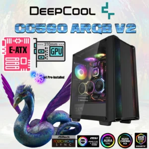 DeepCool CC560 ARGB V2 E-ATX Mid-Tower Case | 4 Pre-Installed ARGB PWM Fans | Airflow Front Panel | Tempered Glass | 360mm Radiator Support , Up to 370mm GPU | up to E-ATX Support | Black