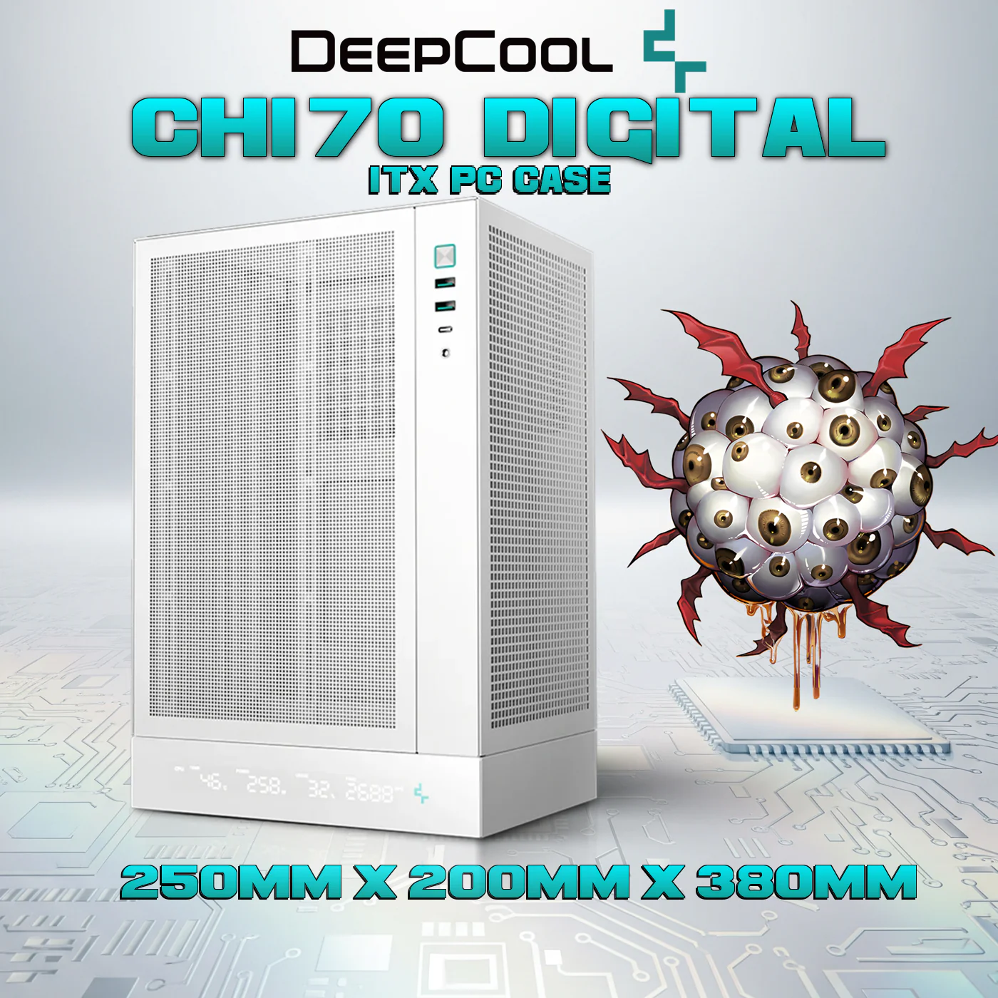 DeepCool CH170 DIGITAL WH ITX Case – High Airflow Mesh Panels, Digital Display Base, ATX/SFX PSU Support, 305mm GPU Clearance, Tempered Glass, USB 3.0 & Gen2 Type-C | WHITE