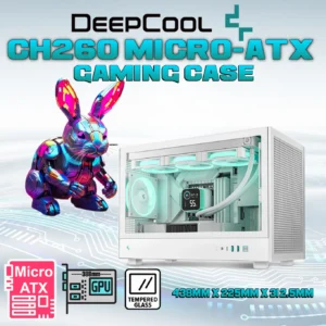 DeepCool CH260 WH Micro-ATX Gaming Case – Tempered Glass Side Panel, High Airflow Mesh, 388mm GPU Support or up to 413mm without Front Fans , 360mm AIO Top Radiator, USB 3.0 & Gen2 Type-C | WHITE