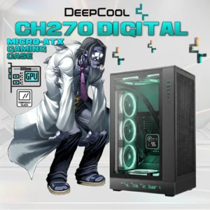 DeepCool CH270 DIGITAL Micro-ATX Gaming Case – Tempered Glass Side Panel, Digital Display Base, High Airflow Mesh, 413mm GPU Support, USB 3.0 & Gen2 Type-C | BLACK 
