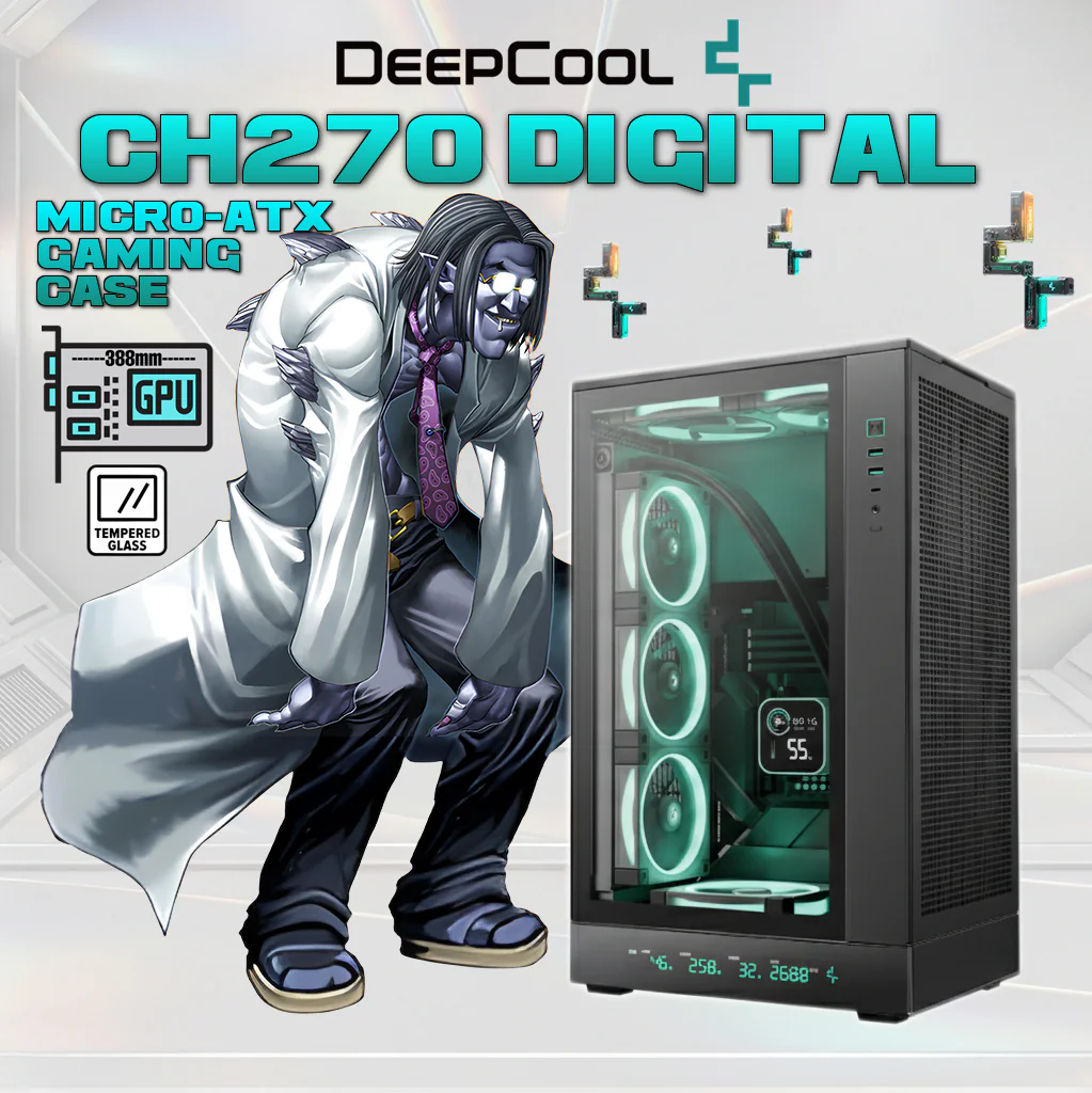 DeepCool CH270 DIGITAL Micro-ATX Gaming Case – Tempered Glass Side Panel, Digital Display Base, High Airflow Mesh, 413mm GPU Support, USB 3.0 & Gen2 Type-C | BLACK